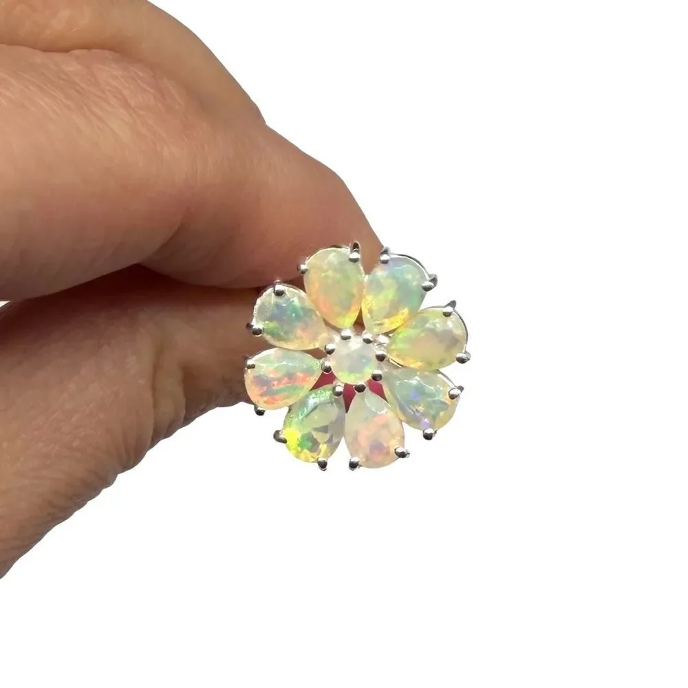 Ethiopian Fire Opal Flower Ring Solid 925 Sterling Silver Size 10